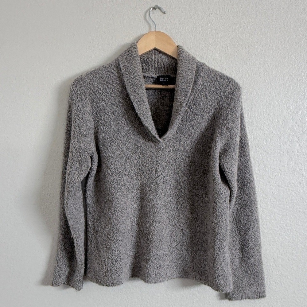 Eileen Fisher Wool Sweater Women's M V-Neck Shawl Collar Brown Knit Quiet Luxury